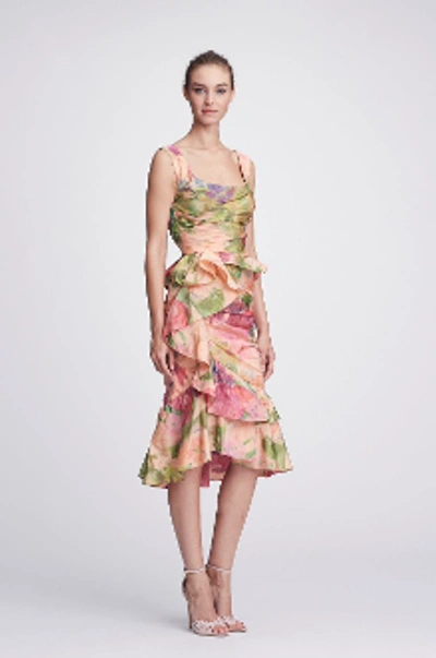 Shop Marchesa Resort 2018-19  Couture Draped Floral Taffeta Cocktail Dress In Coral Print