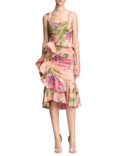 Shop Marchesa Resort 2018-19  Couture Draped Floral Taffeta Cocktail Dress In Coral Print