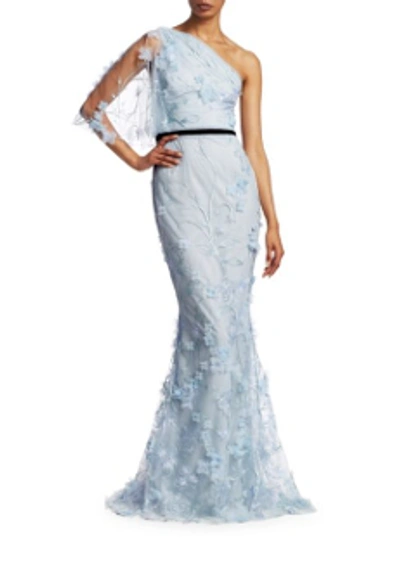 Shop Marchesa Notte Embroidered Tulle One Shoulder Blue Gown