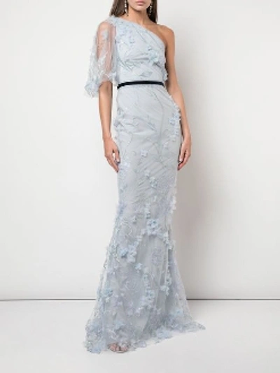 Shop Marchesa Notte Embroidered Tulle One Shoulder Blue Gown
