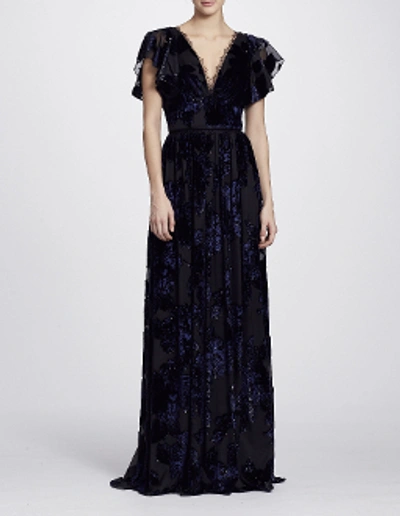 Shop Marchesa Notte Flutter Sleeve Velvet Burnout Evening Gown N24g0651 In Black