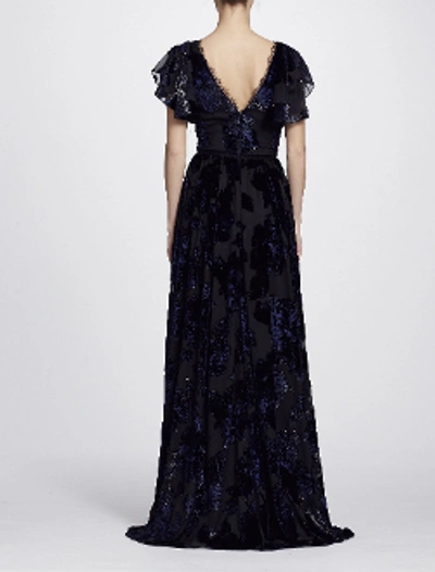 Shop Marchesa Notte Flutter Sleeve Velvet Burnout Evening Gown N24g0651 In Black