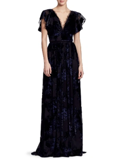 Shop Marchesa Notte Flutter Sleeve Velvet Burnout Evening Gown N24g0651 In Black