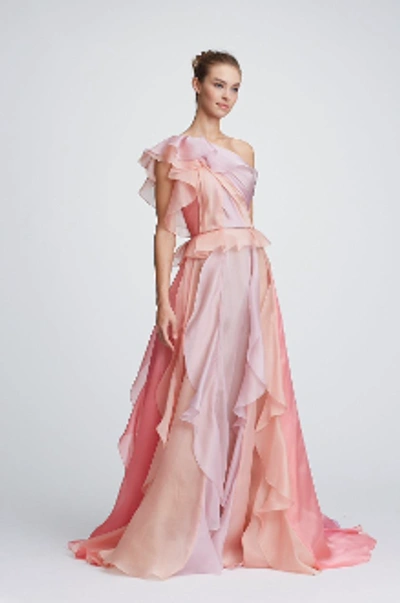 Shop Marchesa Resort 2018-19  Couture One Shoulder Silk Organza Evening Gown In Sorbet