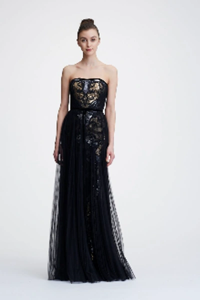 Shop Marchesa Notte Strapless Sequined Evening Gown N26g0720 In Black
