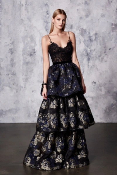 Shop Marchesa Notte Black Sleeveless Tiered Brocade Gown