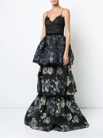 Shop Marchesa Notte Black Sleeveless Tiered Brocade Gown