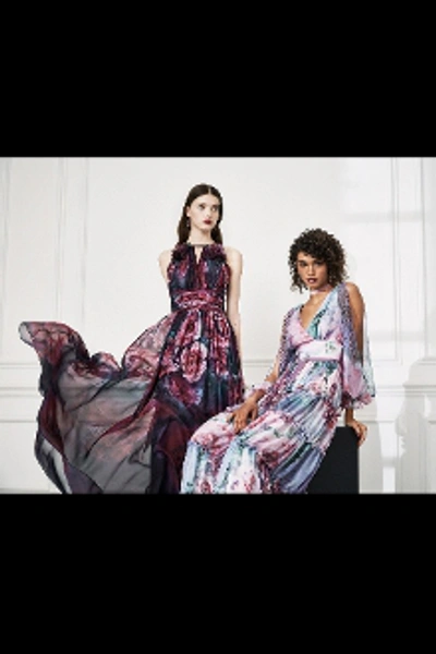 Shop Marchesa Notte Sleeveless Plum Printed Chiffon Gown