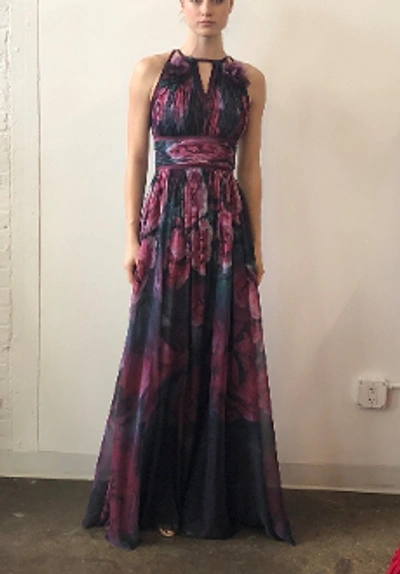 Shop Marchesa Notte Sleeveless Plum Printed Chiffon Gown