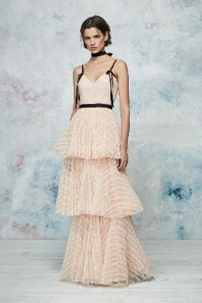 Shop Marchesa Notte Sleeveless Striped Lace Tiered Gown N27g0737 In Blush