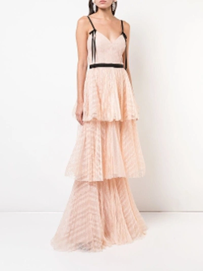 Shop Marchesa Notte Sleeveless Striped Lace Tiered Gown N27g0737 In Blush