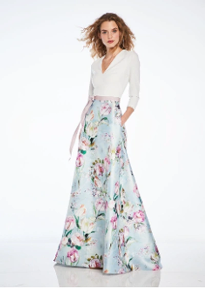 Shop Theia Floral ¾ Sleeve Evening Gown 884082 In Blue