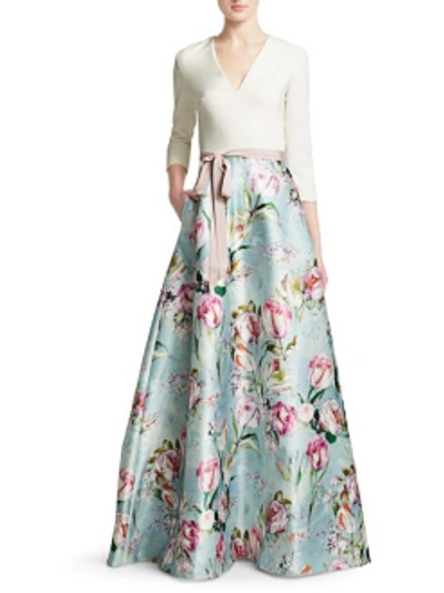 Shop Theia Floral ¾ Sleeve Evening Gown 884082 In Blue
