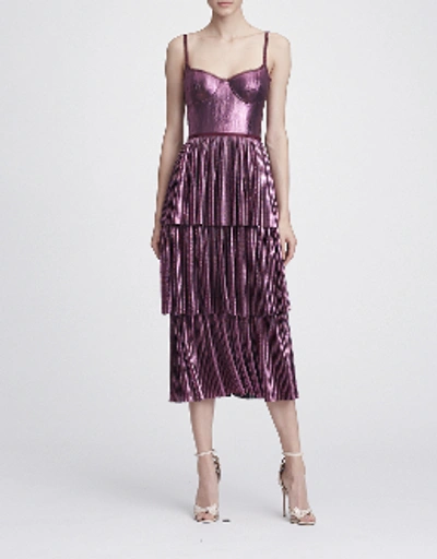 Shop Marchesa Notte Sleeveless Pleated Lame Midi Tea Dress In Lilac