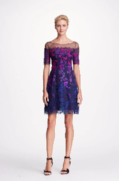 Shop Marchesa Notte Navy Blue Short Sleeve Ombre Floral Embroidered Dress