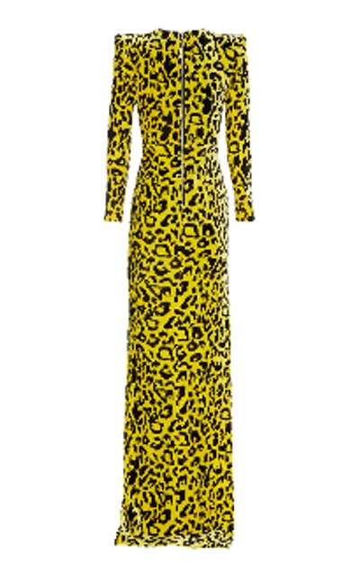 Shop Alex Perry Cole-long Sleeve Velvet Leopard Column Gown In Yellow-black