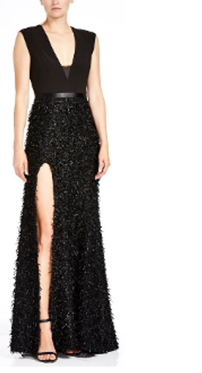 Shop Halston Heritage V Neck Feather Boucle Gown In Black