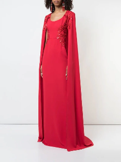 Shop Marchesa Notte Sequin Embroidered Cape Gown N25g0659 In Red