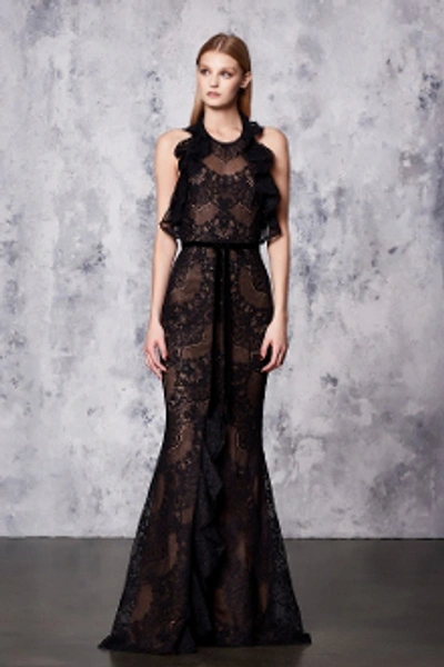 Shop Marchesa Notte Black Sleeveless Double Ruffle Lace Gown N18g0443