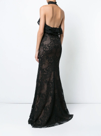 Shop Marchesa Notte Black Sleeveless Double Ruffle Lace Gown N18g0443