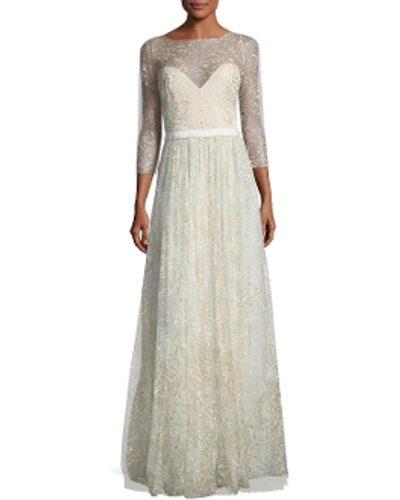 Shop Marchesa Notte ¾ Sleeve Ivory Glitter Tulle Gown N17g0473