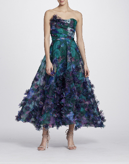 Marchesa Notte Strapless 3d Floral Embroidered Midi Tea Dress N24g0661 In Emerald Modesens