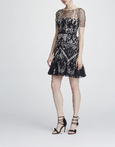 Shop Marchesa Notte Short Sleeve Chiffon And Lace Cocktail Dress