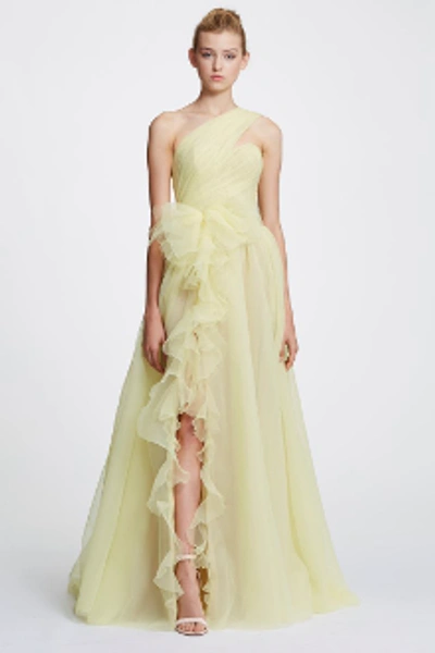 Shop Marchesa Couture One Shoulder Pebble Organza Gown M25828 In Lemon