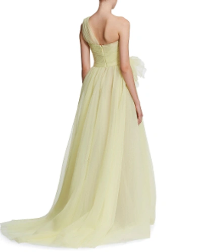 Shop Marchesa Couture One Shoulder Pebble Organza Gown M25828 In Lemon