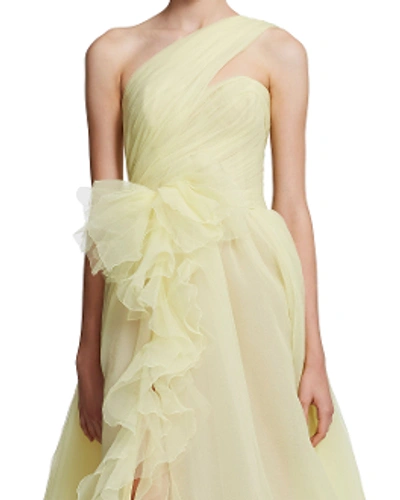 Shop Marchesa Couture One Shoulder Pebble Organza Gown M25828 In Lemon
