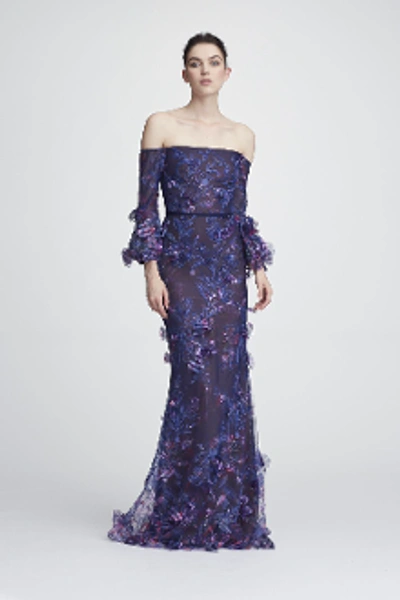 Shop Marchesa Notte Off The Shoulder Embroidered Gown In Navy