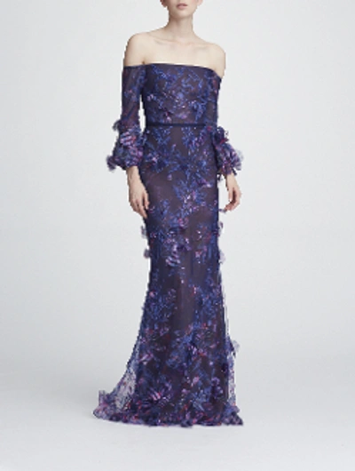 Shop Marchesa Notte Off The Shoulder Embroidered Gown In Navy