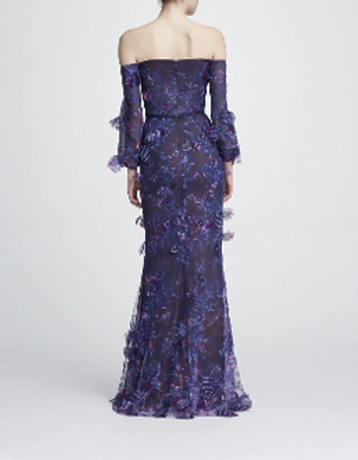 Shop Marchesa Notte Off The Shoulder Embroidered Gown In Navy