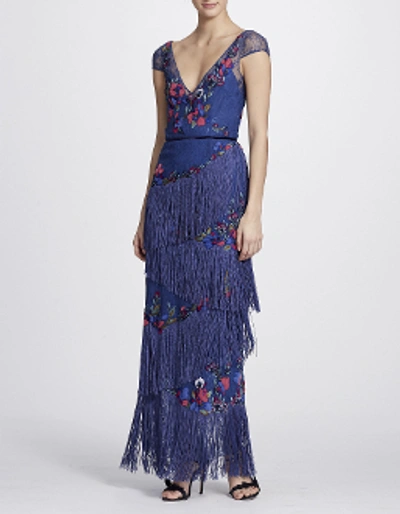 Shop Marchesa Notte Fall/winter 2018  Floral Cap Sleeve Fringe Gown In Blue