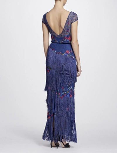 Shop Marchesa Notte Fall/winter 2018  Floral Cap Sleeve Fringe Gown In Blue