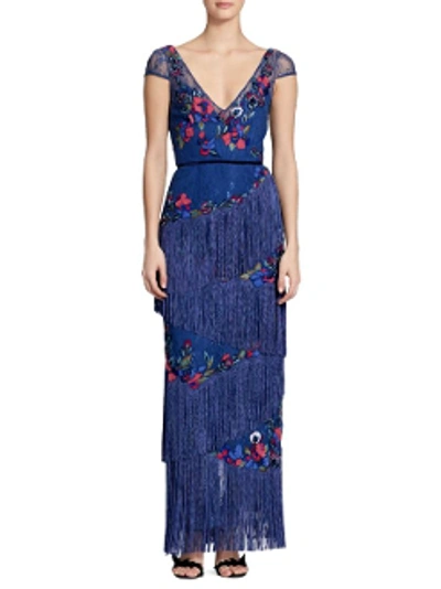 Shop Marchesa Notte Fall/winter 2018  Floral Cap Sleeve Fringe Gown In Blue