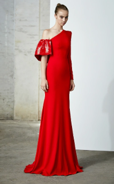 Shop Alex Perry Atlas-sequin And Satin One Shoulder Gown In Red