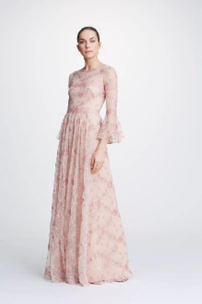 Shop Marchesa Notte Embroidered ¾ Sleeve Tulle Gown N31g0913 In Blush