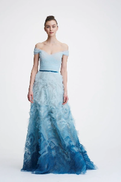 Shop Marchesa Notte Off The Shoulder Ombre Textured Gown In Light Blue
