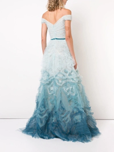 Shop Marchesa Notte Off The Shoulder Ombre Textured Gown In Light Blue