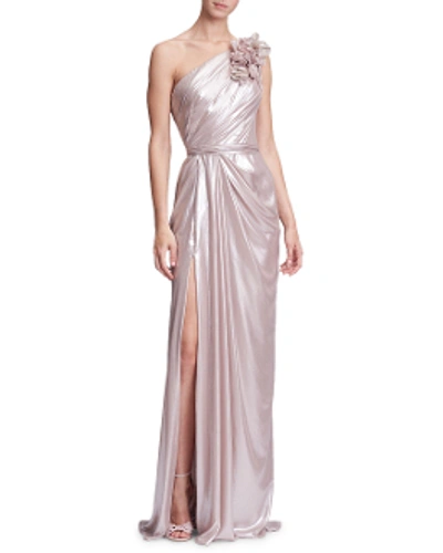 Shop Marchesa Resort 2018-19  Couture One Shoulder Draped Lame Gown In Rose Gold