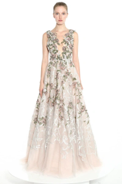 Shop Marchesa Couture Plunging V Neck Tulle Gown M28808 In Blush