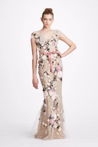 Shop Marchesa Oyster Tulle V-neck Gown