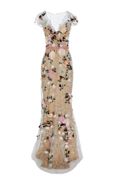 Shop Marchesa Oyster Tulle V-neck Gown