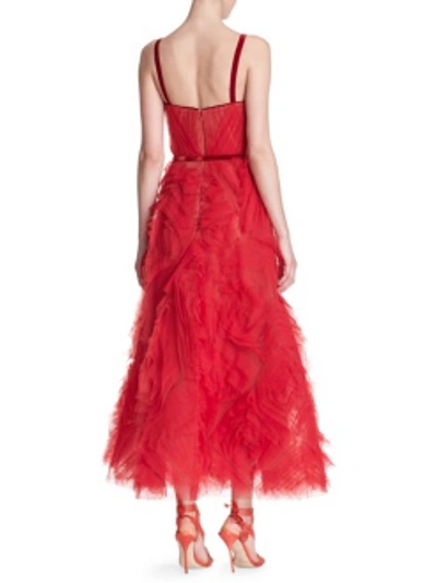 Shop Marchesa Notte Red Sleeveless Textured Tulle Midi Tea Dress