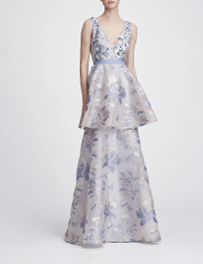 Shop Marchesa Notte Sleeveless Floral Tiered Gown In Light Blue