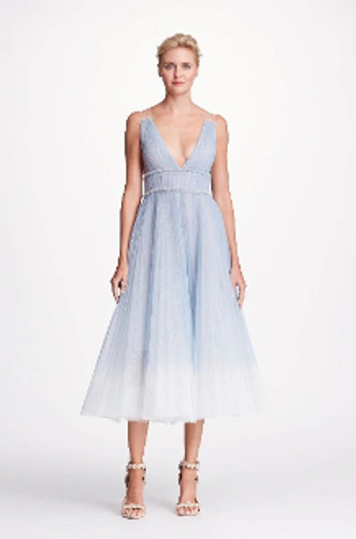 Marchesa Notte Blue Sleeveless Ombre Pleated Tulle Midi tea Dress