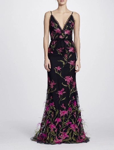 Shop Marchesa Notte Feather Embroidered Sleeveless Gown N25g0653 In Black