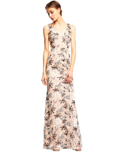 Shop Aidan Mattox Aidan By  Nude Sleeveless Floral Evening Gown In Black/nude