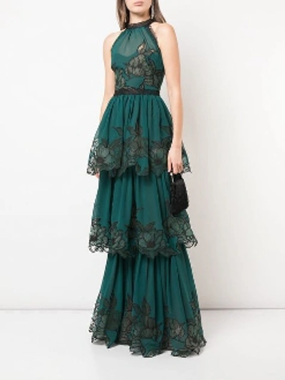 Shop Marchesa Notte Sleeveless Tiered Evening Gown N30g0836 In Emerald Green